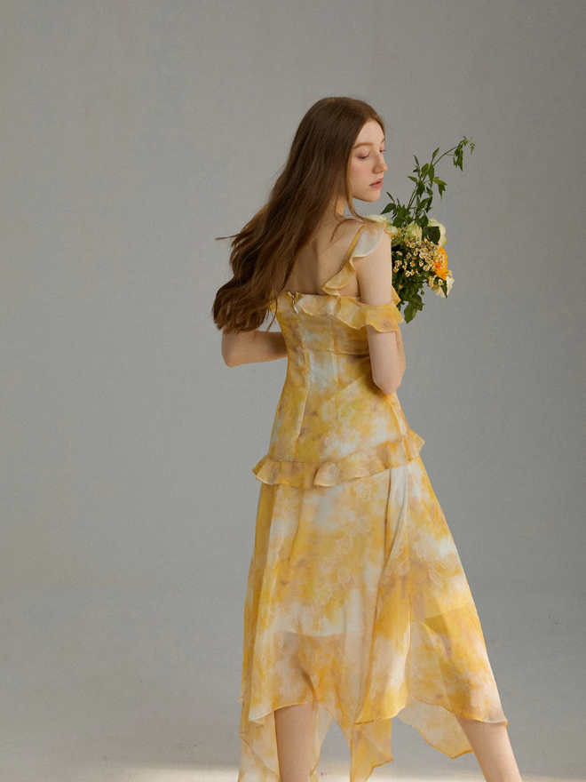 Pretty A Line Spaghetti Strap Ruffle Yellow Chiffon Summer Dress Vacation Dress Outfits DP3655