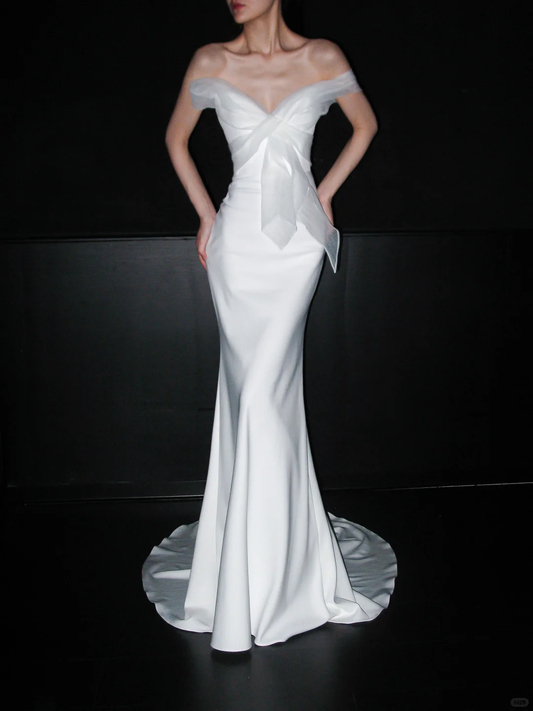 Elegant Stunning Sheath One Shoulder Flowy Tulle Satin Long Wedding Dress DP6381