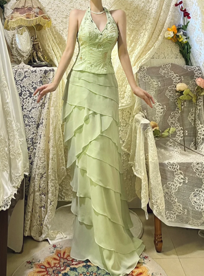 Vintage Sheath V Neck Beaded Green Layered Chiffon Prom Dress Wedding Guest Dress DP4280