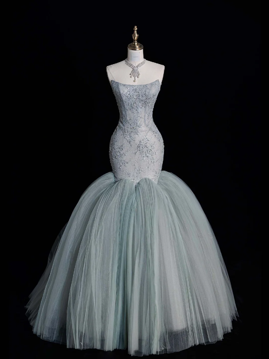 Stunning Mermaid Strapless Appliques Green Tulle Party Dress Evening Dresses DP2357