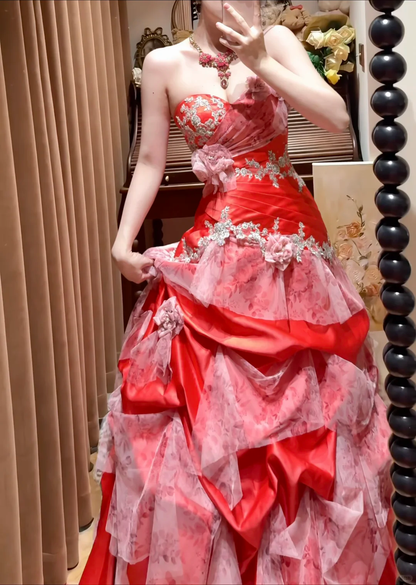 Glamorous A Line Sweetheart Neck Appliques Satin Tulle Prom Dress Evening Dress DP8251