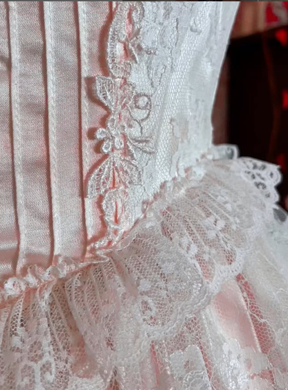 Light Pink Vintage Sweetheart Neck Tiered Lace Satin Gown Fairy Dress Wedding Dress DP1421