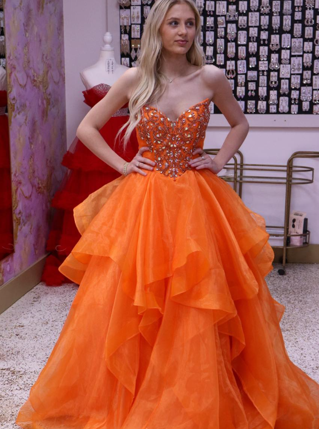 Orange A Line Strapless Beaded Layered Organza Long Prom Dress Evening Dress DP6518