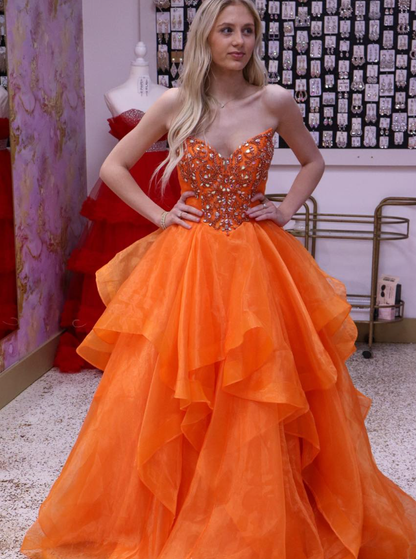 Orange A Line Strapless Beaded Layered Organza Long Prom Dress Evening Dress DP6518