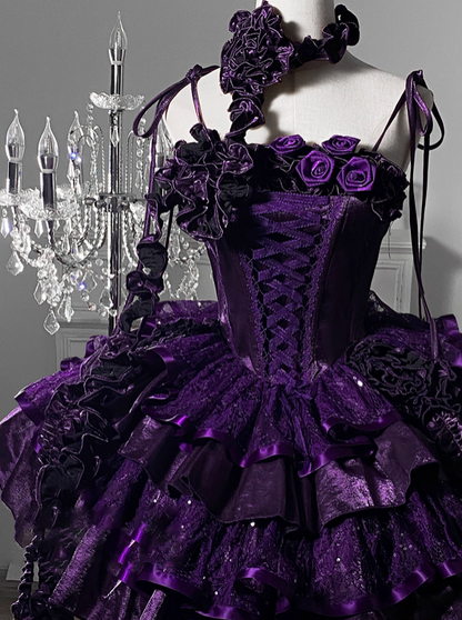 Purple Roses Neckline Lolita Goth Boning Dress Sequins Tiered Ruffle Dress DP4493