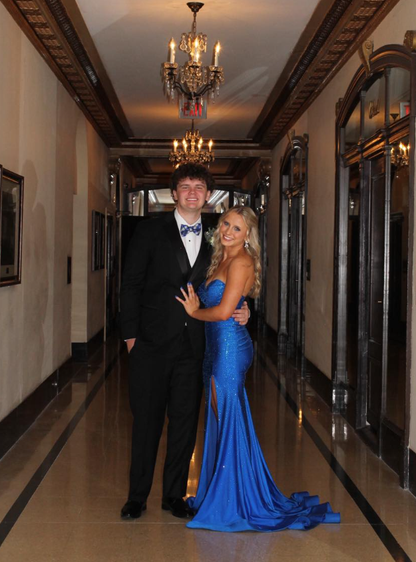 Royal Blue Mermaid Strapless Shiny Beaded Satin Slit Long Prom Dress Evening Dress DP6279