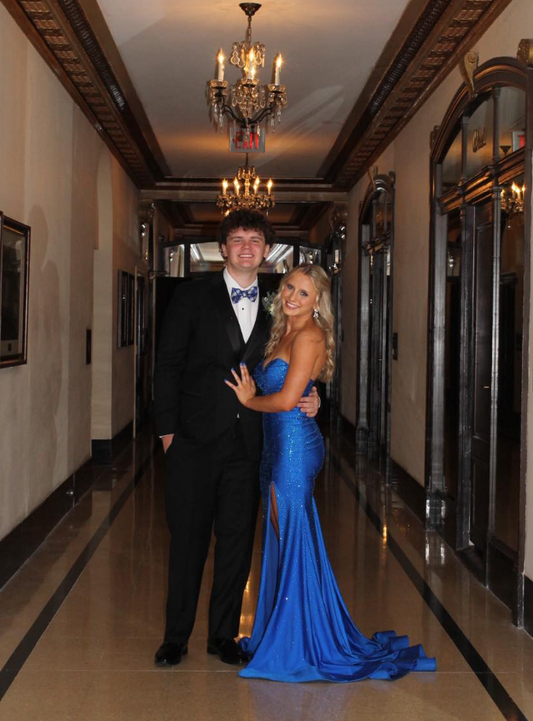Royal Blue Mermaid Strapless Shiny Beaded Satin Slit Long Prom Dress Evening Dress DP6279