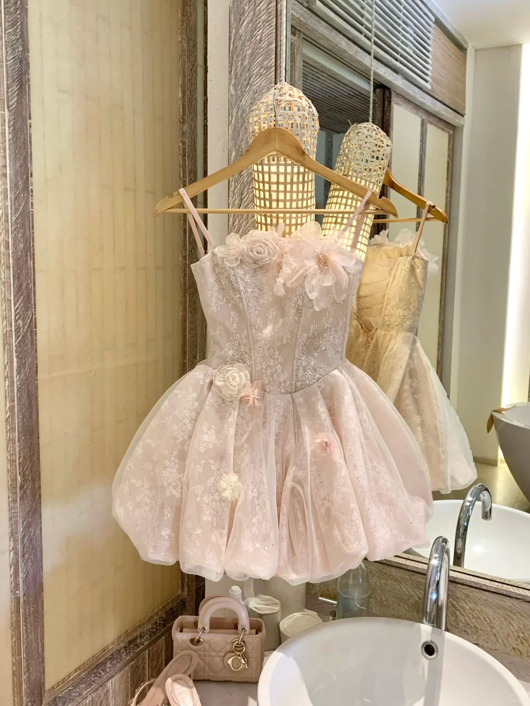 Light Pink A Line Floral Lace Tulle Short Prom Dress Homecoming Dress DP5469