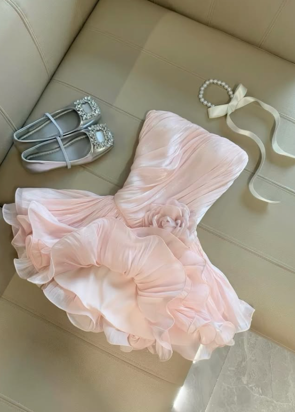 Sweety Pink A Line Strapless Pleated Tulle Short Prom Dress Homecoming Dress DP7929