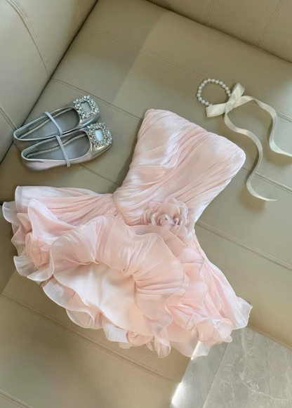 Sweety Pink A Line Strapless Pleated Tulle Short Prom Dress Homecoming Dress DP7929