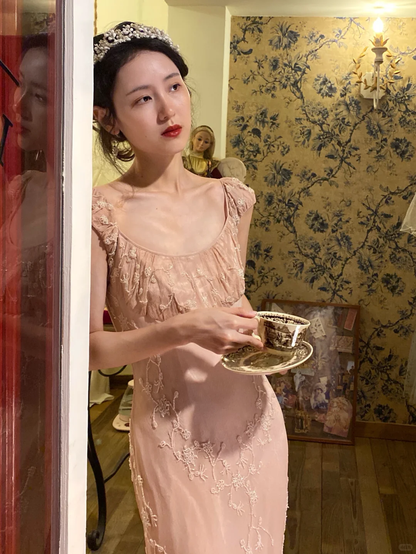 Vintage Pink Sheath Beaded Chiffon Prom Dress Evening Dress DP4005