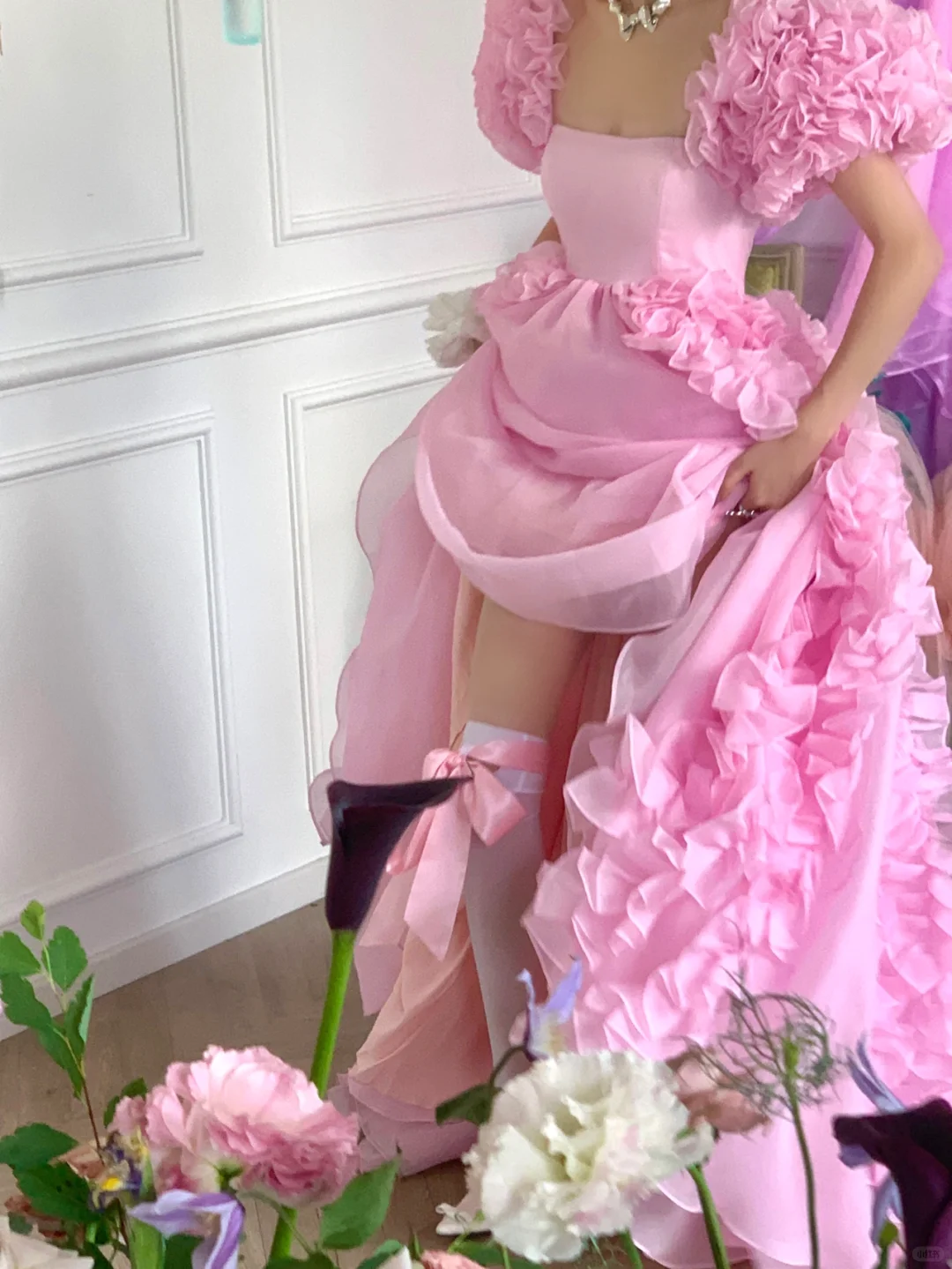 Pink Ball Gown Puff Flower Chiffon Long Party Dress Birthday Dress with Slit DP2502