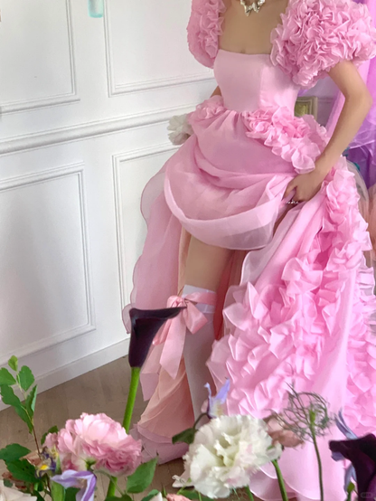 Pink Ball Gown Puff Flower Chiffon Long Party Dress Birthday Dress with Slit DP2502
