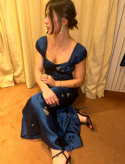 Navy Blue A Line Straps Exquisite Beaded Satin Prom Dress Evening Dress Outfits DP7187