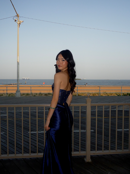 Navy Blue Mermaid Sweetheart Neck Beaded Satin Prom Dress Evening Dress with Slit DP3463