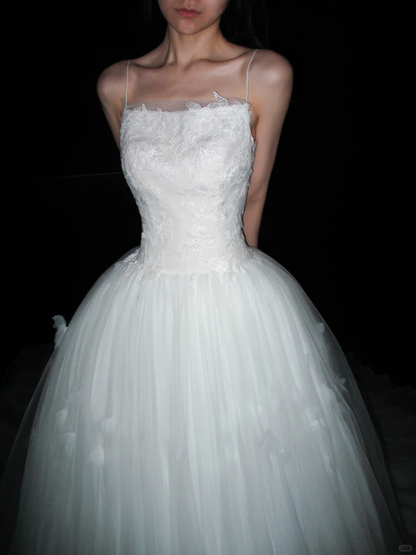 Backless Unique Ball Gown Straps White Lace Applique Tulle Long Wedding Dress DP6382
