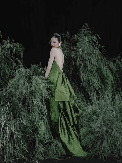 Stunning A Line Halter Green Satin Open Back Long Party Dress Prom Dress DP2535