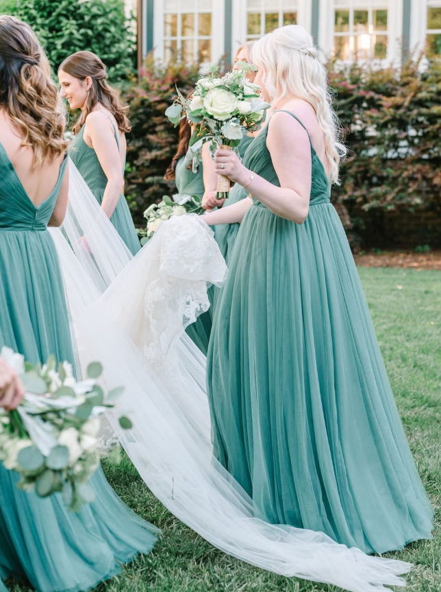 Green  A Line Spaghetti Straps Tulle Long Bridesmaid Dress DP4974