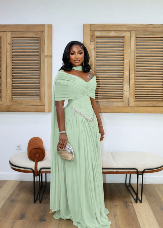 Gentle Sage Green A Line Off the Shoulder Beaded Chiffon Prom Dress Outfits DP6324