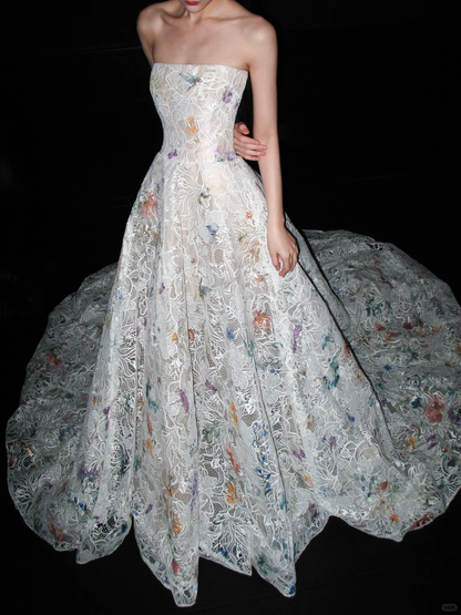 Colorful A Line Strapless White Exquisite Lace Long Wedding Dress DP8083