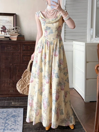 Pretty Light Yellow A Line Print Flower Satin Long Prom Dress Evening Dress DP5645