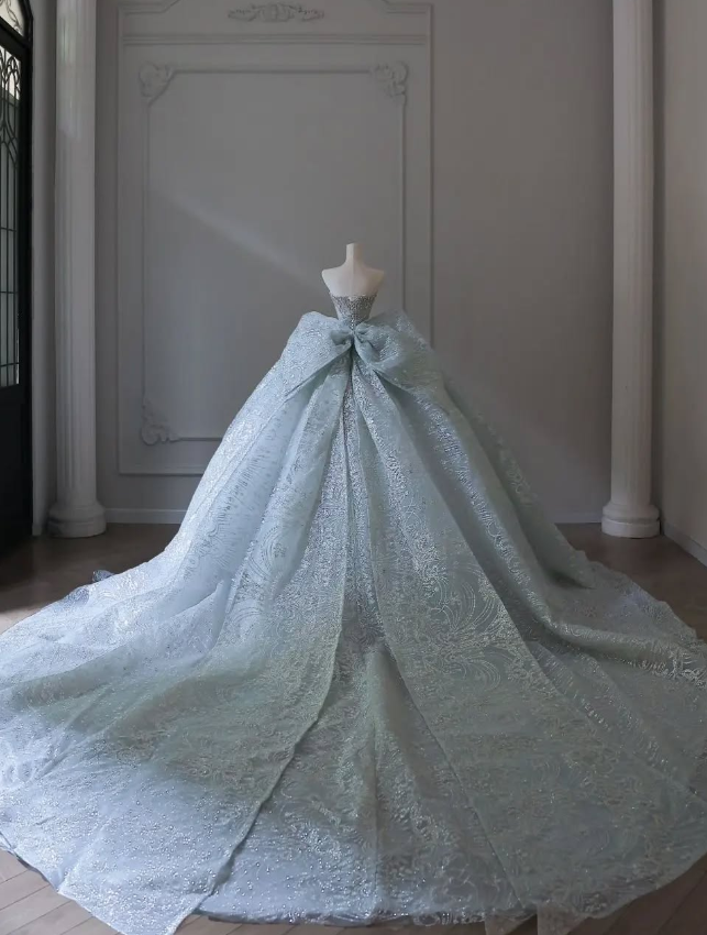 Blue Bow Ball Gown Strapless Sequin Beaded Tulle Long Prom Dress Wedding Dress DP4650