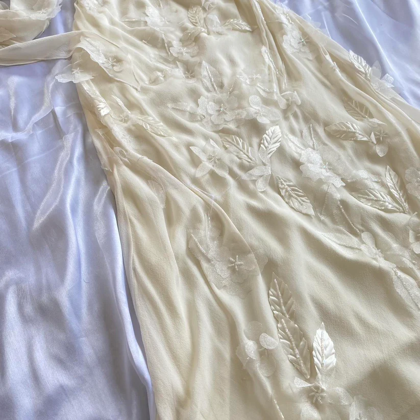 Flowy Retro Ivory Floral Chiffon Long Party Dress Date Dress DP2935