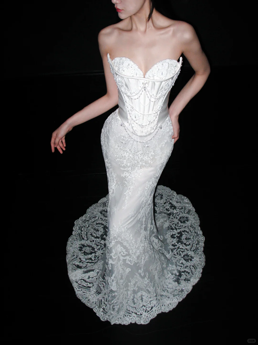 Glamorous Mermaid Strapless Corset White Beaded Sequin Lace Long Wedding Dress DP8119