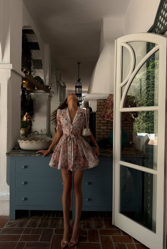 Pink Print A Line V Neck Chiffon Short Homecoming Dress Outfits DP6017