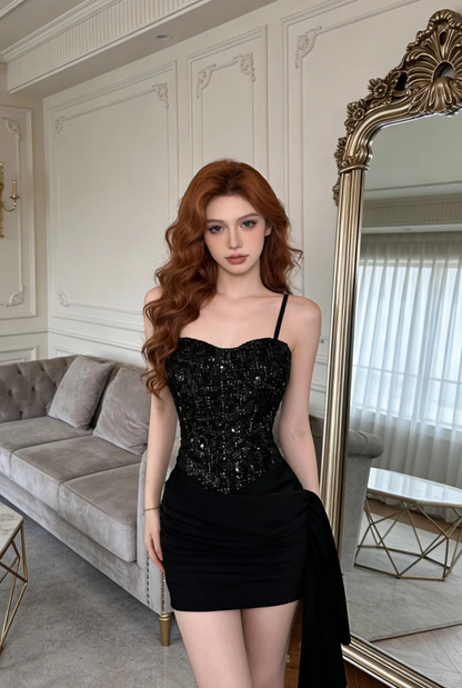 Sexy Black Sheath Straps Beaded Satin Short Homecoming Dress Cocktail Dress DP5043