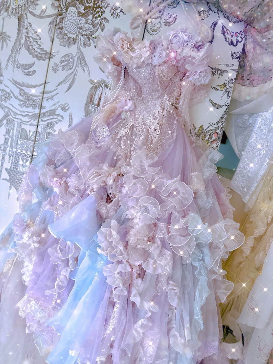 Exquisite Ball Gown Off the Shoulder Purple Floral Ruffle Organza Prom Dress 16th Birthday Dress DP3839