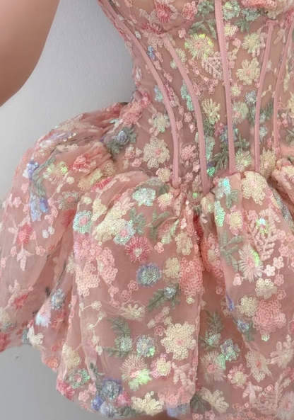 Pink A Line Strap Exquisite Embroidery Corset Tulle Short Prom Dress Homecoming Dress DP7965