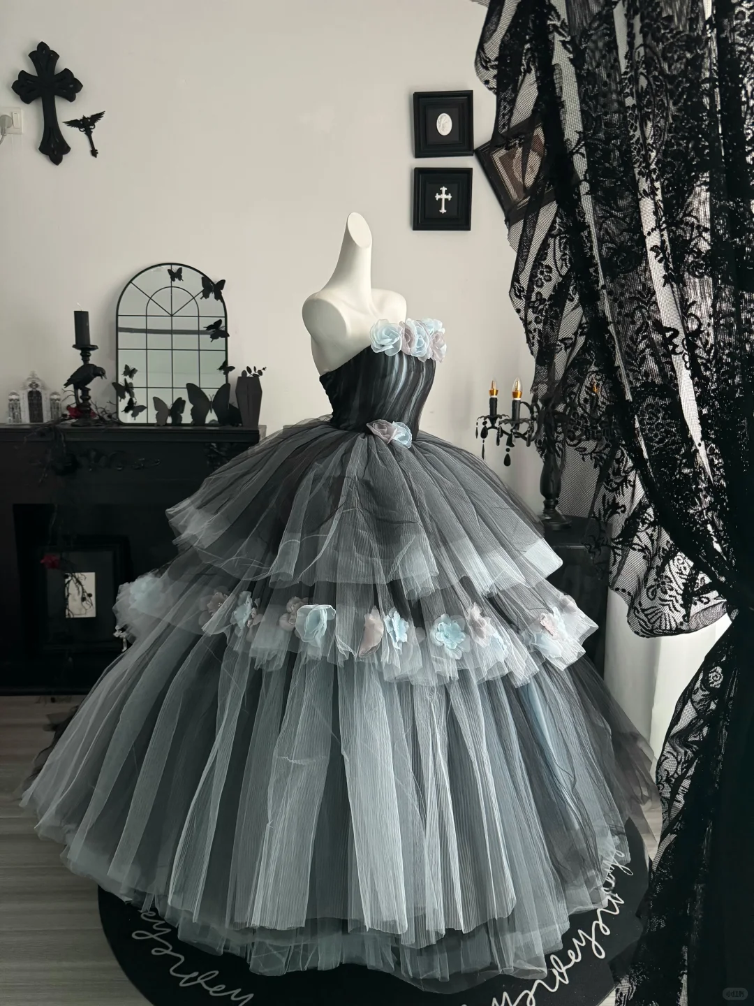 Grey Ball Gown Strapless Floral Layered Tulle Prom Dress Quinceanera Dress DP6971