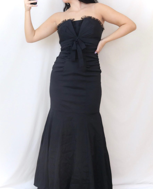 Black Mermaid Strapless Bow Satin Long Prom Dress Evening Dress DP1412