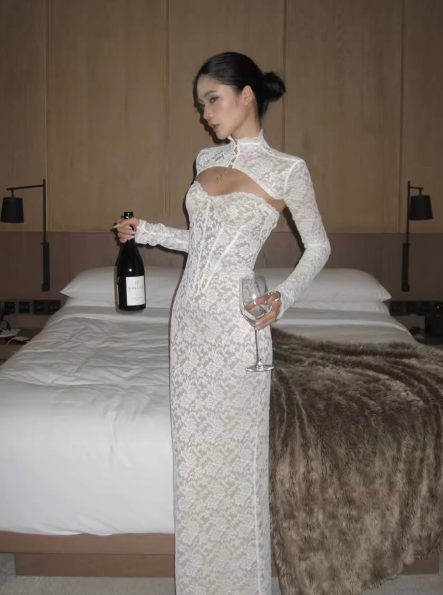 Two Piece Sheath Long Sleeve Exquisite White Lace Prom Dress Evening Dress DP7926