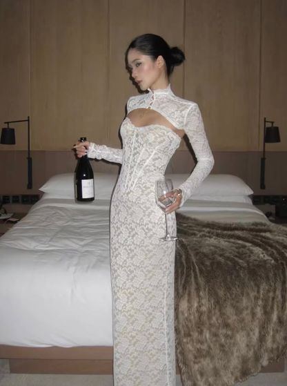 Two Piece Sheath Long Sleeve Exquisite White Lace Prom Dress Evening Dress DP7926