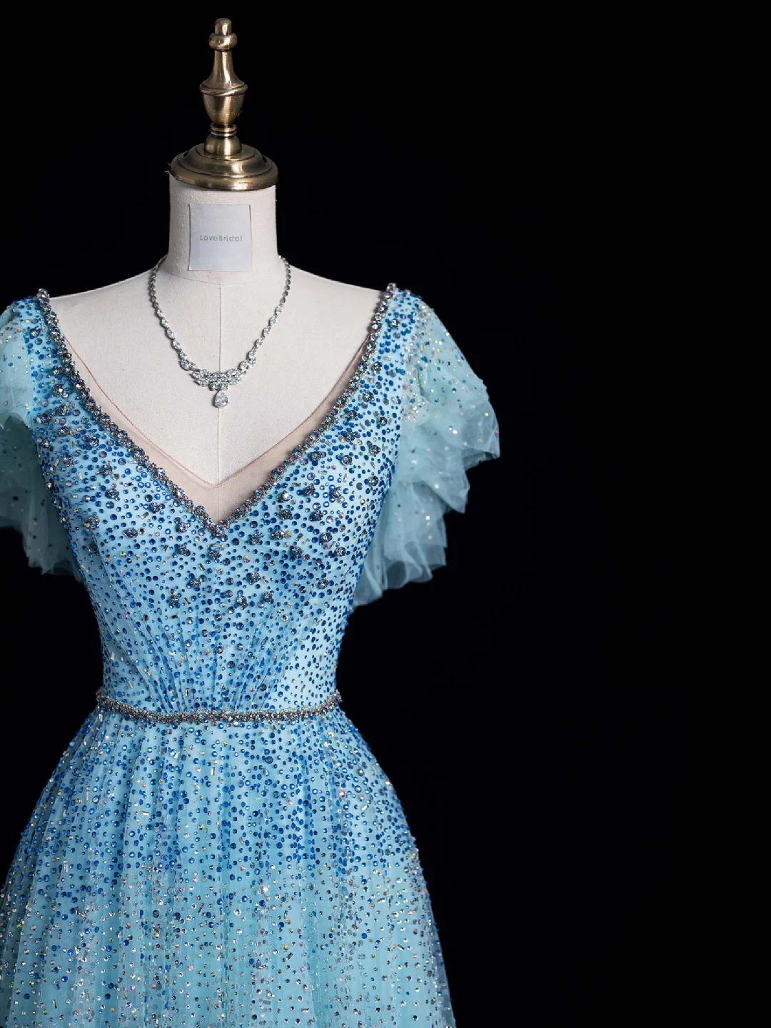 Gorgeous A Line V Neck Tiered Sequin Blue Tulle Prom Dress Graduation Prom Dress DP2015
