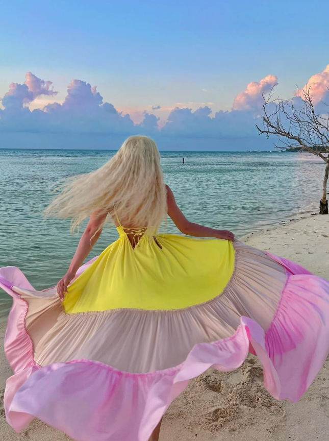 Pink Yellow A Line Spaghetti Strap Satin Vacation Dress Outfits DP3284