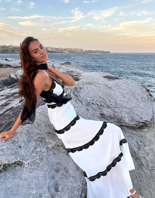 Unique Sheath Spaghetti Strap Black Lace White Chiffon Prom Dress Evening Dress DP1859