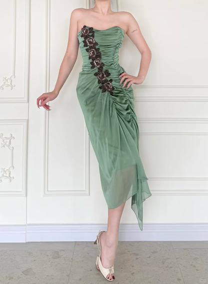 Vintage Sage Green Exquisite Beaded Pleated Satin Tea Length Prom Dress DP5164