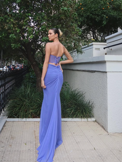 Purple Mermaid Strapless Chiffon Long Prom Dress Evening Dress DP1547