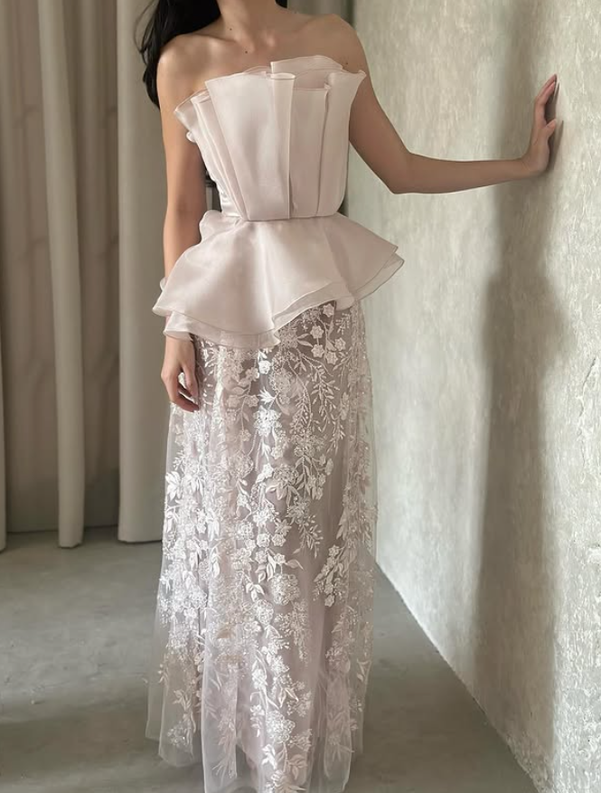 Light Pink A Line Strapless Embroidery Tulle Long Prom Dress Evening Dress DP5950