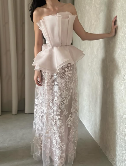 Light Pink A Line Strapless Embroidery Tulle Long Prom Dress Evening Dress DP5950