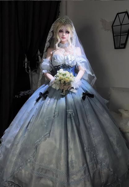 Stunning Blue Bow A Line Lace Tulle Lolita Goth Boning Dress Prom Dress DP4505