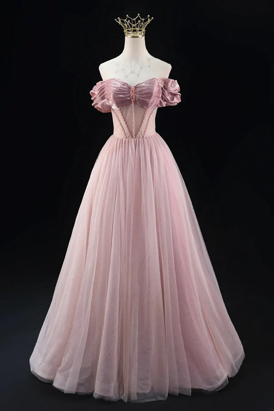 Lovely Pink Off the Shoulder Tulle Beaded Prom Dress Evening Dress DP589