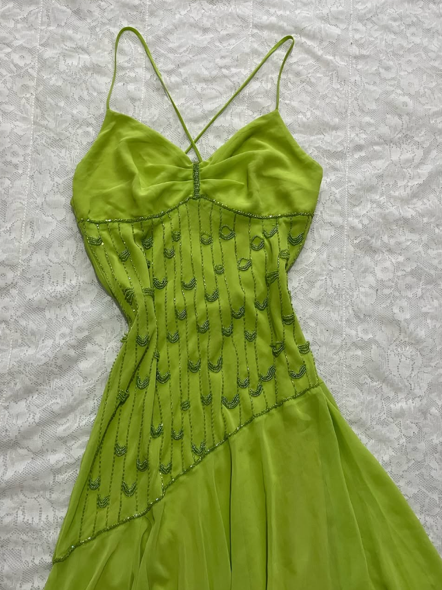 Cute Green A Line Spaghetti Strap Beaded Chiffon Open Back Prom Dress Graduation Prom Dress DP2258