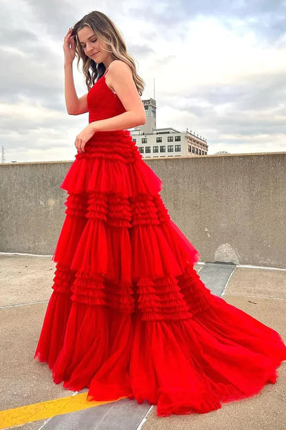 Red Ball Gown Spaghetti Strap Layered Tulle Long Prom Dress DP7750