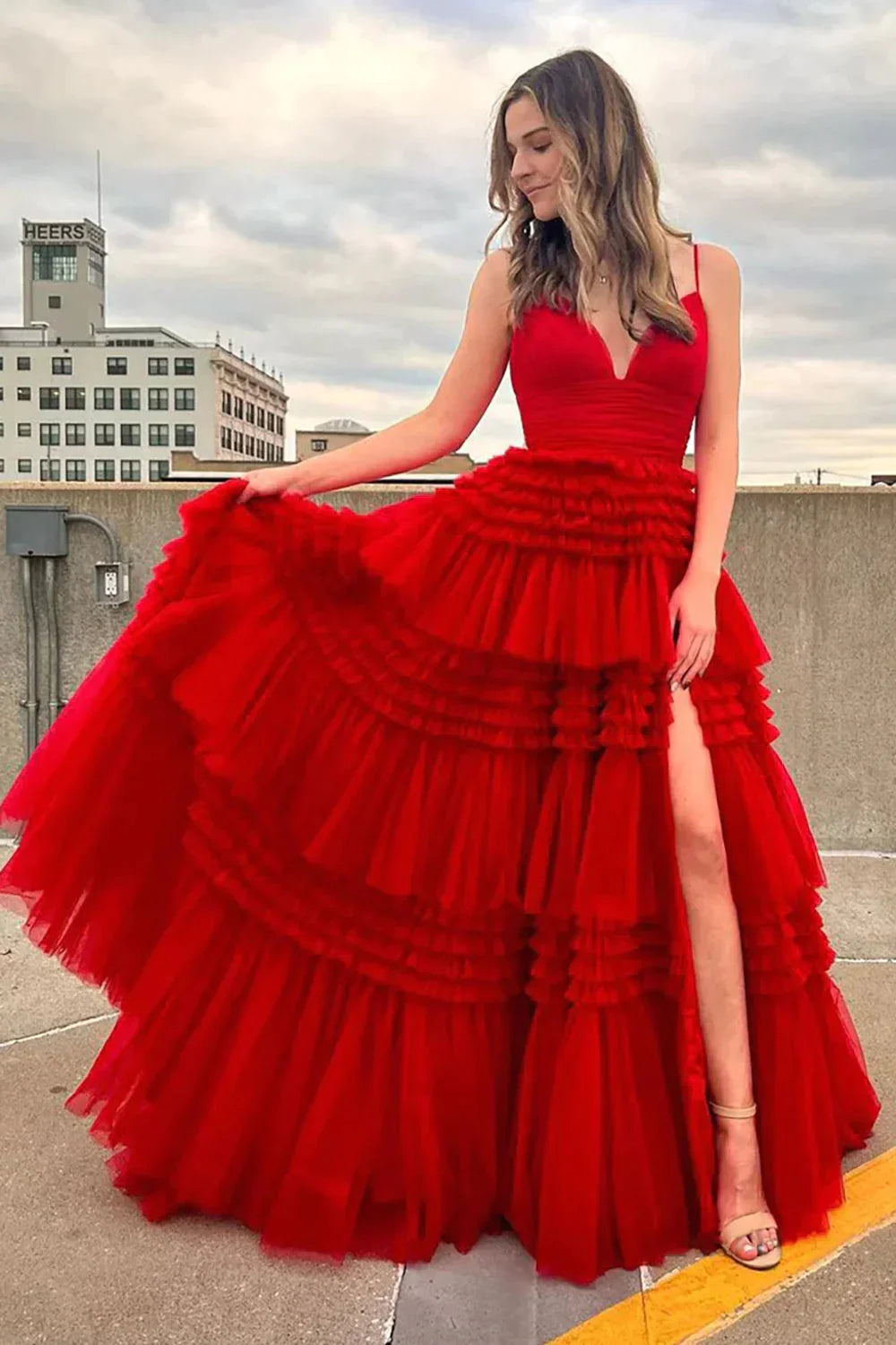 Red Ball Gown Spaghetti Strap Layered Tulle Long Prom Dress DP7750