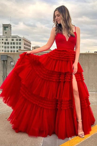 Red Ball Gown Spaghetti Strap Layered Tulle Long Prom Dress DP7750