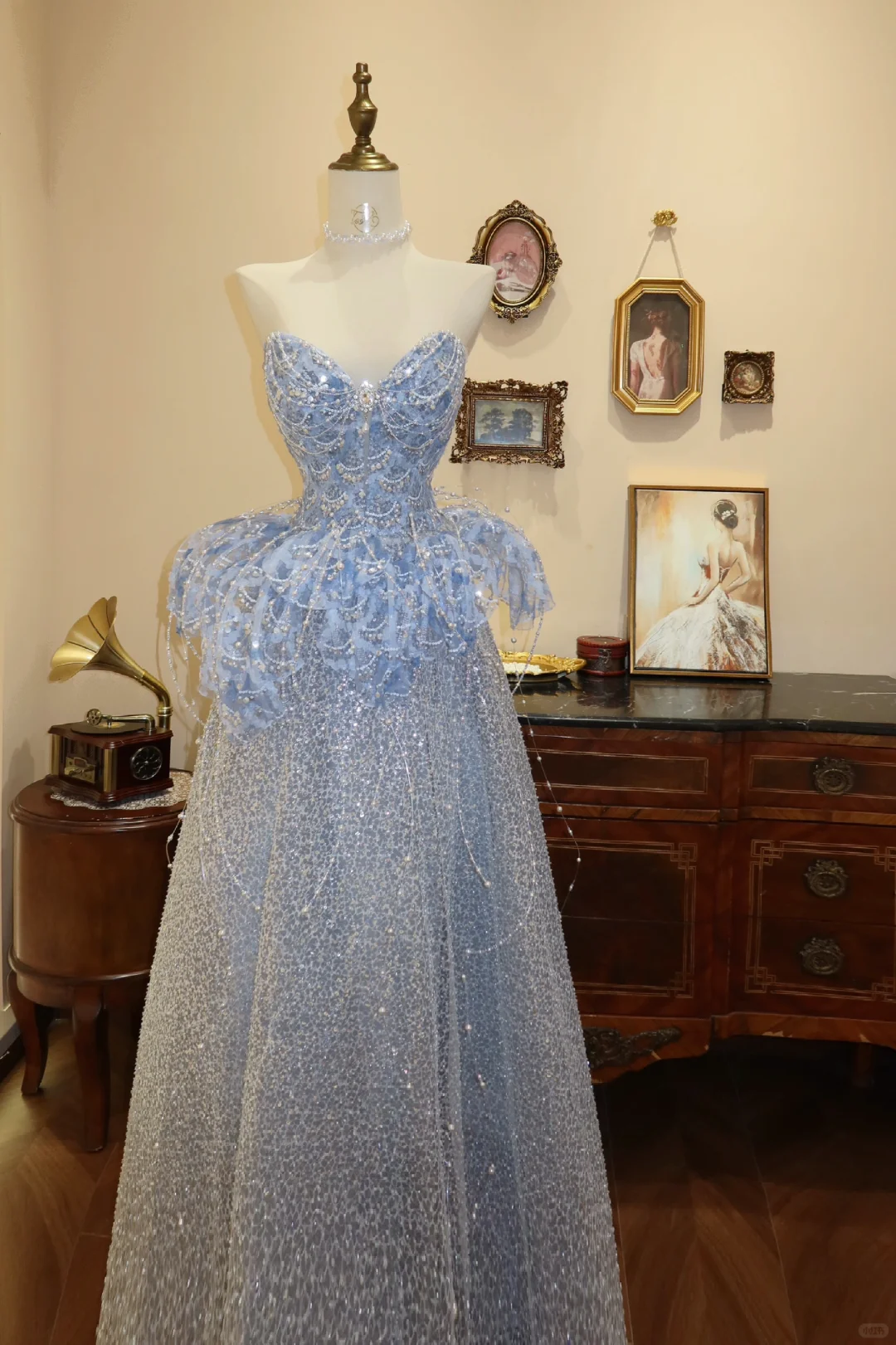 Stunning A Line Sweetheart Neck Blue Sequin Tulle Prom Dress Evening Dress DP2814